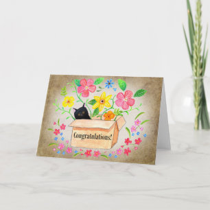 Cute Black Cat in a Box Floral Congratulations Card