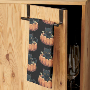 Cute Black Cat in a Pumpkin Pattern Halloween Tea Towel