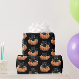 Cute Black Cat in a Pumpkin Pattern Halloween Wrapping Paper