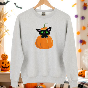 Cute Black Cat in a Pumpkin Sweatshirt