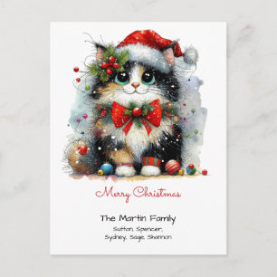 Cute Black Cat in a Santa Cap Merry Christmas Red Postcard