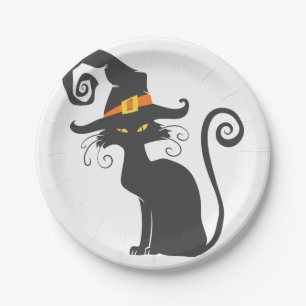 Cute black cat in a witch hat - Choose background Paper Plate