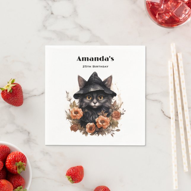 Cute Black Cat in a Witch's Hat Birthday Napkin (Insitu)
