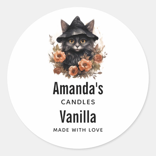 Cute Black Cat in a Witch's Hat Candle Business Classic Round Sticker (Front)