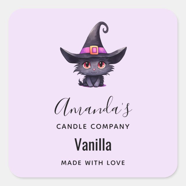 Cute Black Cat in a Witch's Hat Candle Business Square Sticker (Front)
