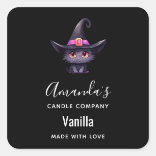 Cute Black Cat in a Witch's Hat Candle Business Square Sticker
