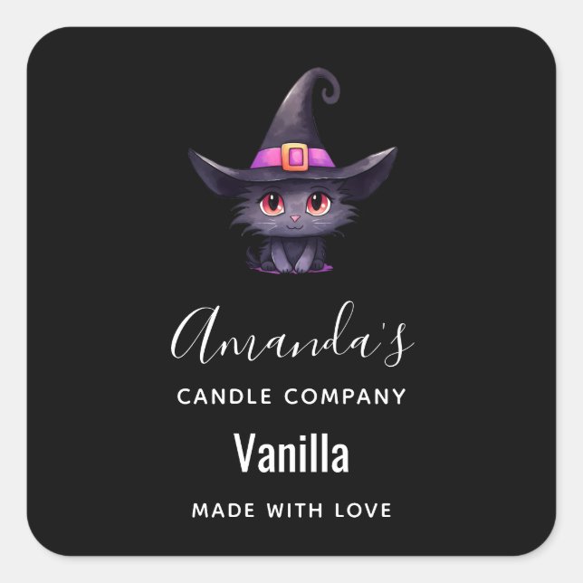 Cute Black Cat in a Witch's Hat Candle Business Square Sticker (Front)