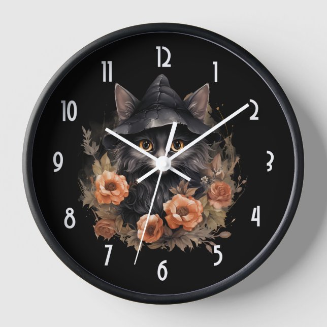 Cute Black Cat in a Witch's Hat Clock (Front)