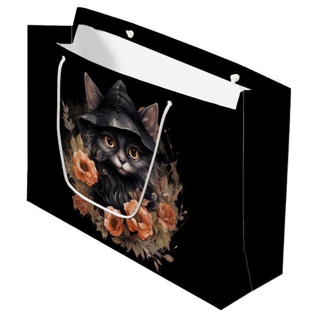 Cute Black Cat in a Witch's Hat Large Gift Bag (Front Angled)
