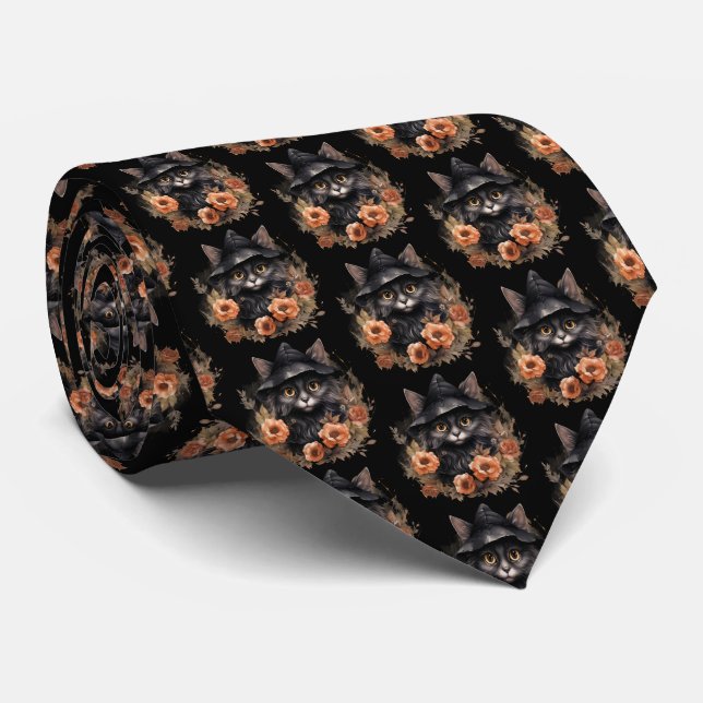 Cute Black Cat in a Witch's Hat Pattern Tie (Rolled)