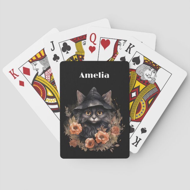 Cute Black Cat in a Witch's Hat Playing Cards (Back)