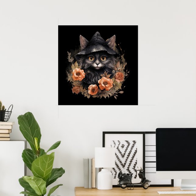 Cute Black Cat in a Witch's Hat Poster (Home Office)