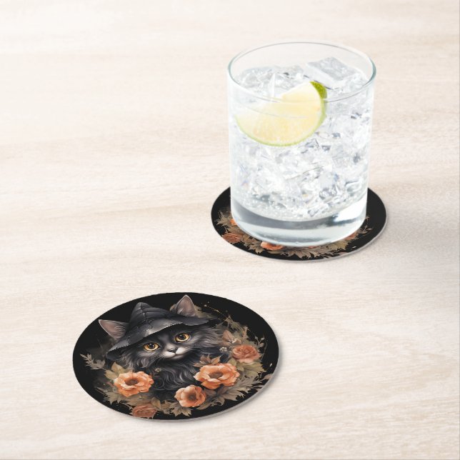 Cute Black Cat in a Witch's Hat Round Paper Coaster (Insitu)