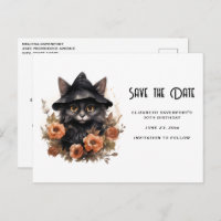 Cute Black Cat in a Witch's Hat Save the Date