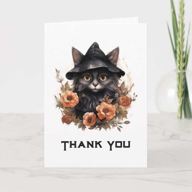 Cute Black Cat in a Witch's Hat Thank You Card (Front)