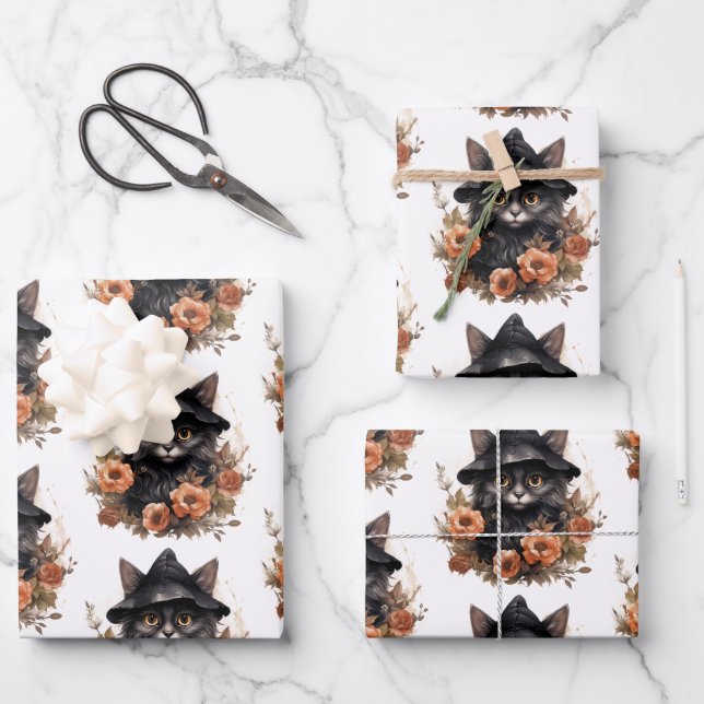 Cute Black Cat in a Witch's Hat Wrapping Paper Sheet (Front)