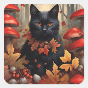 Cute Black Cat in Autumn Forest Square Sticker