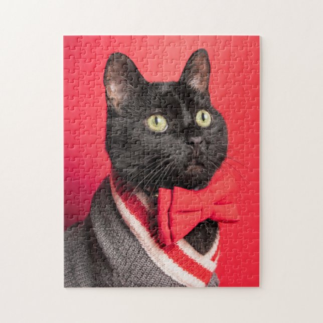 Cute Black Cat in Bow Tie on Red Jigsaw Puzzle (Vertical)