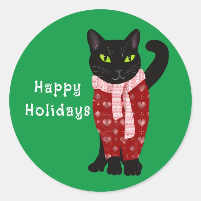 Cute Black Cat in Christmas Sweater Holiday  Classic Round Sticker (Front)