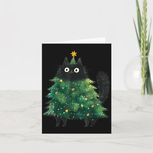 Cute Black Cat In Christmas Tree Cat Lover Holiday Card (Front)