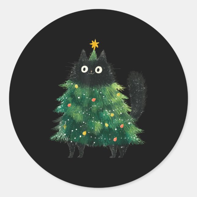 Cute Black Cat In Christmas Tree Cat Lover Holiday Classic Round Sticker (Front)