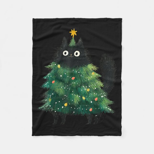 Cute Black Cat In Christmas Tree Cat Lover Holiday Fleece Blanket (Front)
