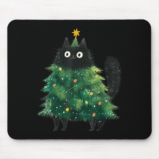 Cute Black Cat In Christmas Tree Cat Lover Holiday Mouse Mat (Front)