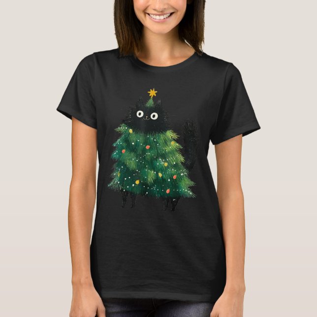 Cute Black Cat In Christmas Tree Cat Lover Holiday T-Shirt (Front)