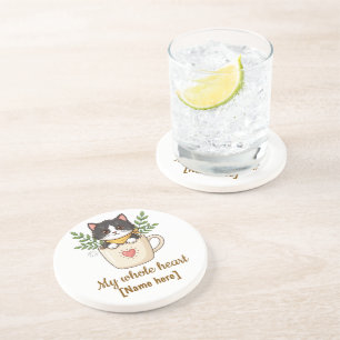 Cute Black Cat in Coffee Cup Personalised Mug Coaster