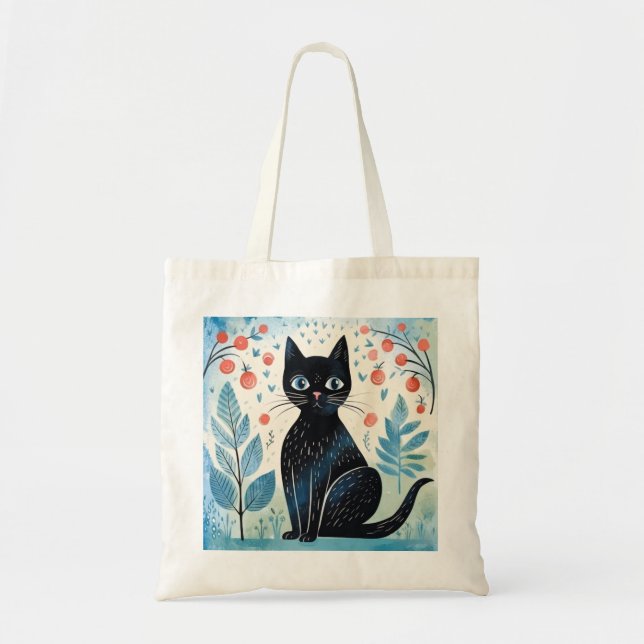 Cute Black Cat in Cool Natural Tones Tote Bag (Front)