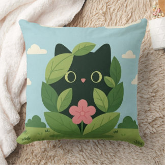 Cute Black Cat in Foliage Digital Art | Aesthetic Cushion