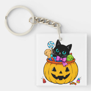 Cute Black Cat in Jack-O'-Lantern Pumpkin Hallowee Key Ring