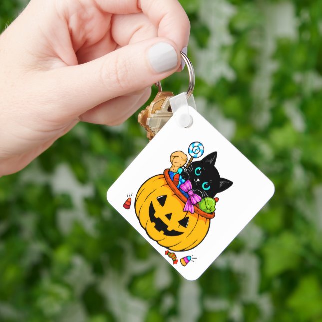 Cute Black Cat in Jack-O'-Lantern Pumpkin Hallowee Key Ring (Hand)