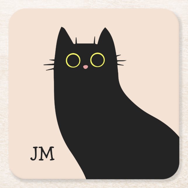 Cute black cat in Mid Century style Square Paper Coaster (Front)