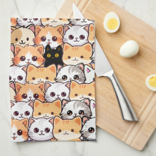 Cute black cat in orange cats pet Seamless Pattern Tea Towel