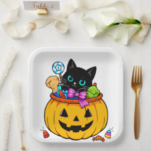 Cute Black Cat in Pumpkin Bucket Halloween Candy D Paper Plate