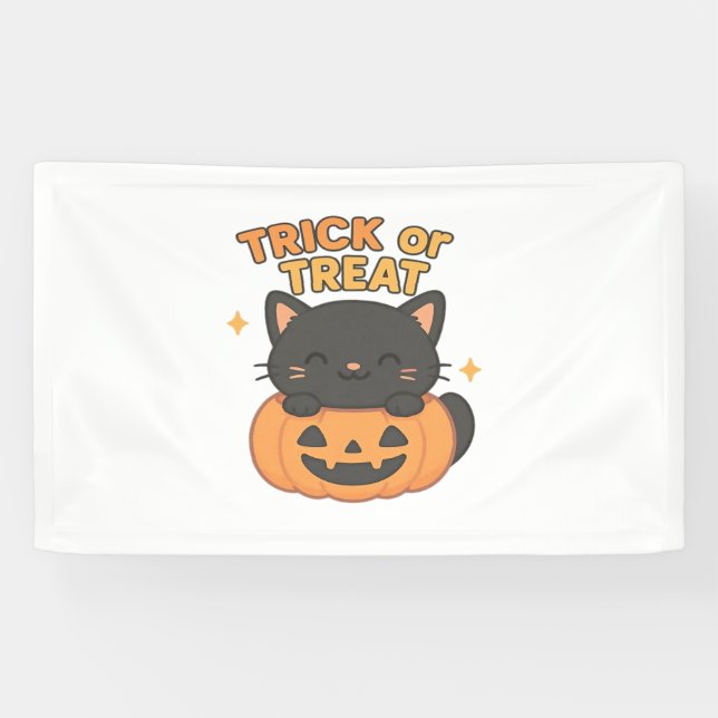 Cute Black Cat in Pumpkin – Trick or Treat Kawaii  Banner (Horizontal)