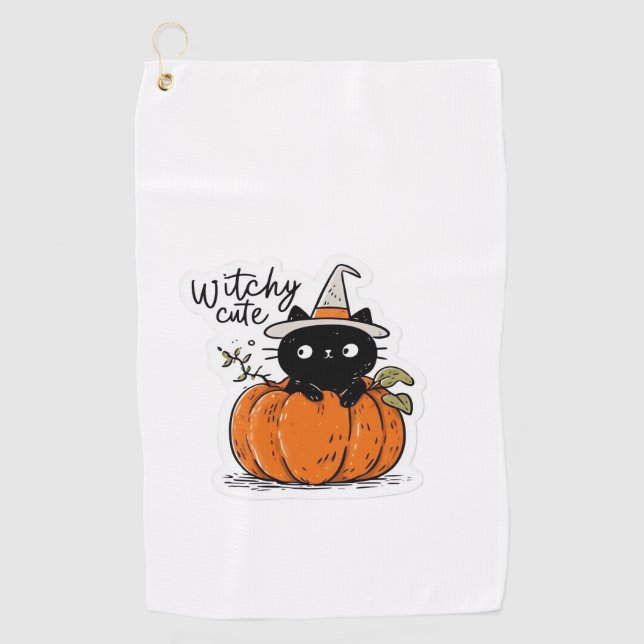 Cute black cat in pumpkin with witch hat Classic T Golf Towel (Front)