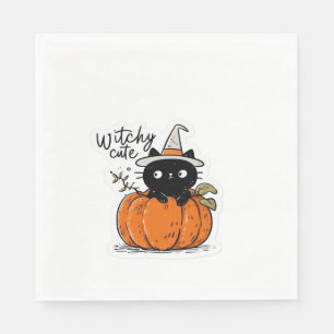 Cute black cat in pumpkin with witch hat Classic T Napkin