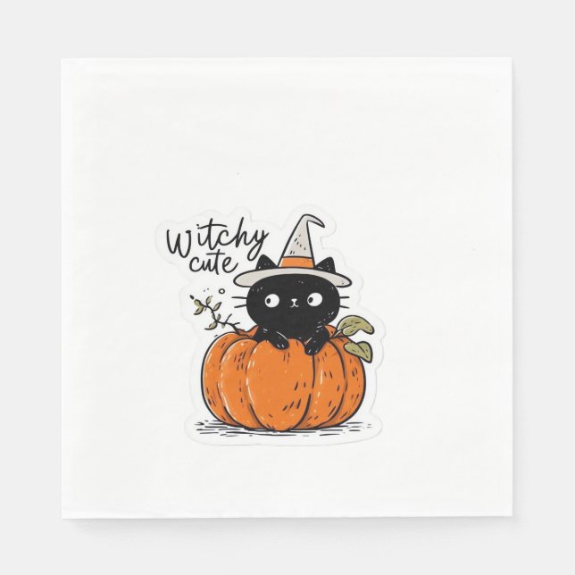 Cute black cat in pumpkin with witch hat Classic T Napkin (Front)