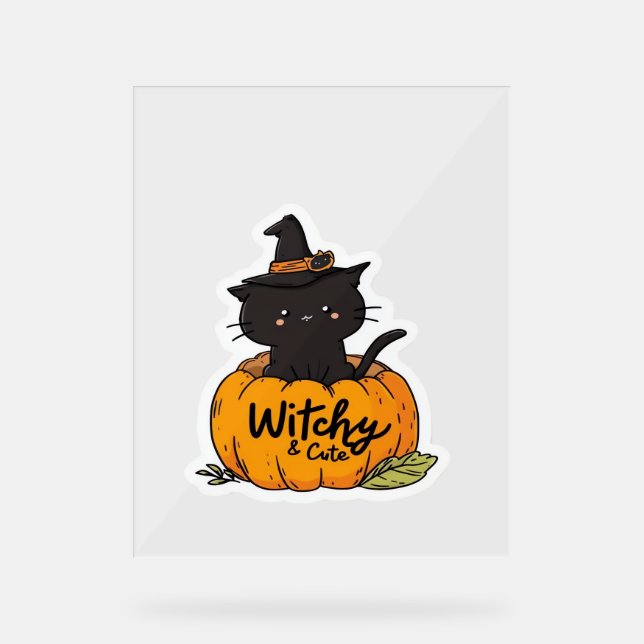 Cute black cat in pumpkin with witch hat, kawaii s acrylic sign (Front)