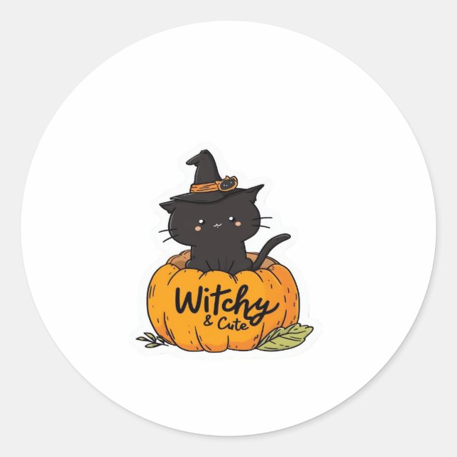 Cute black cat in pumpkin with witch hat, kawaii s classic round sticker (Front)