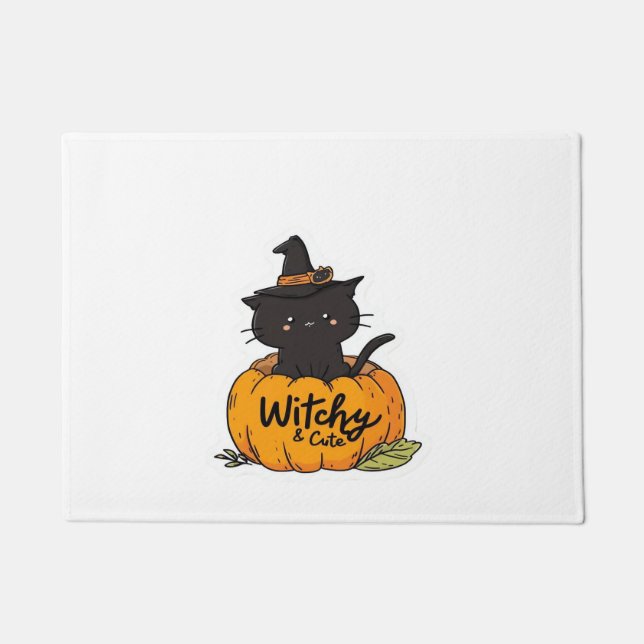 Cute black cat in pumpkin with witch hat, kawaii s doormat (Front)