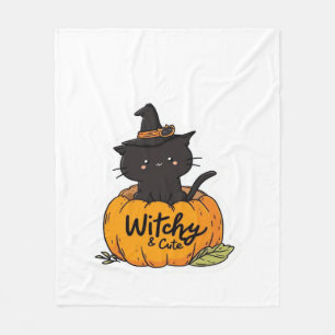 Cute black cat in pumpkin with witch hat, kawaii s fleece blanket