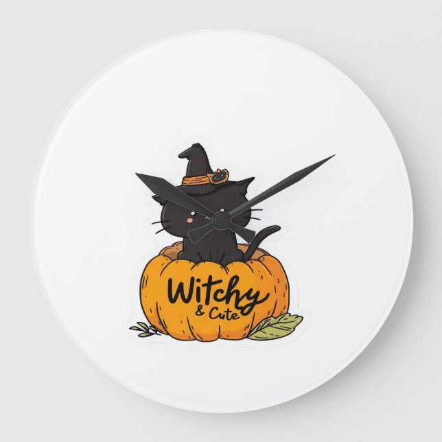 Cute black cat in pumpkin with witch hat, kawaii s large clock (Front)
