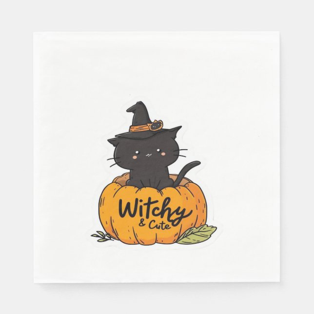 Cute black cat in pumpkin with witch hat, kawaii s napkin (Front)