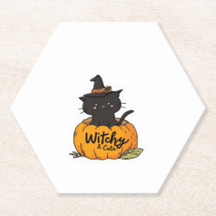 Cute black cat in pumpkin with witch hat, kawaii s paper coaster