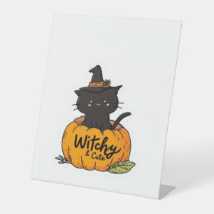 Cute black cat in pumpkin with witch hat, kawaii s pedestal sign