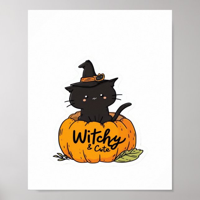 Cute black cat in pumpkin with witch hat, kawaii s poster (Front)