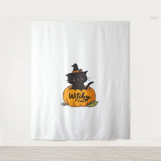 Cute black cat in pumpkin with witch hat, kawaii s tapestry (Front)